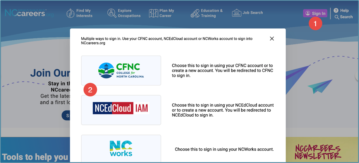 screenshot of NCcareers sign in options