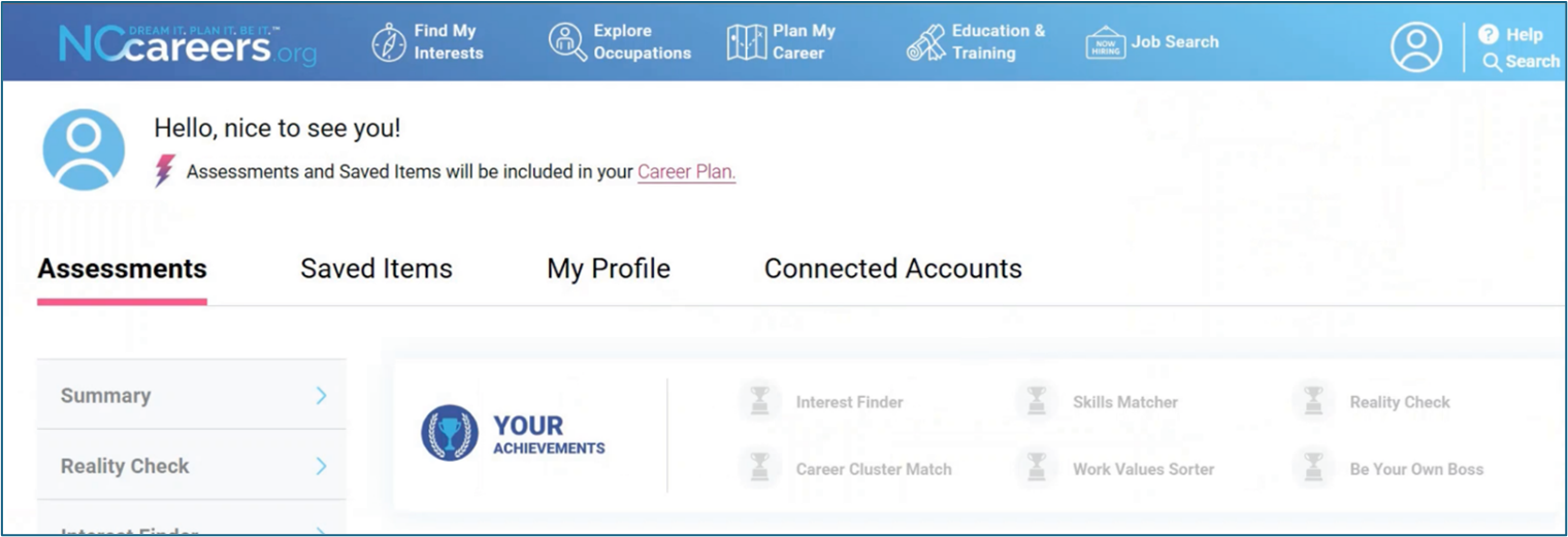 screenshot of nccareers dashboard