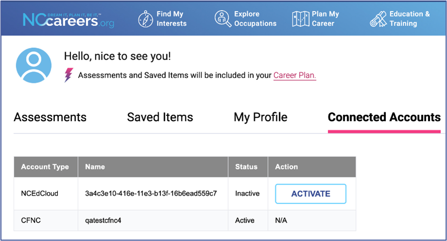 screenshot of nccareers dashboard