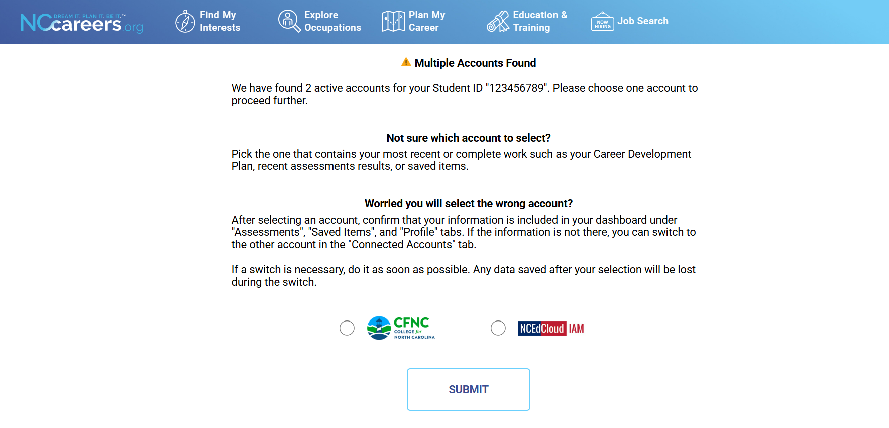 screenshot of "multiple accounts found" message